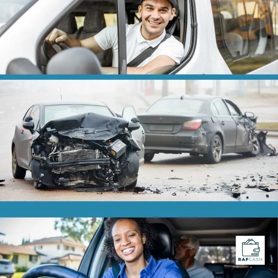 Collage of two images showing happy drivers and a central image of a severe car accident, representing the unexpected nature of road incidents.