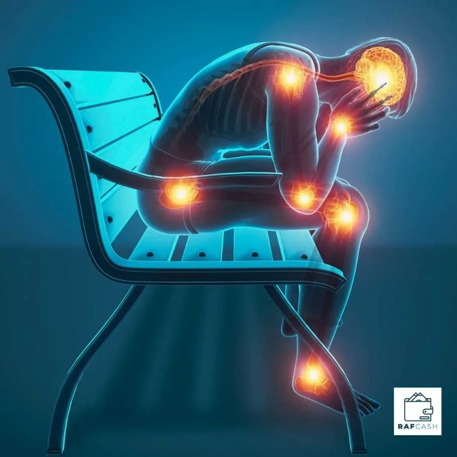 Digital illustration of a human figure sitting on a bench with glowing areas at pain, indicating common points of pain from an injury.