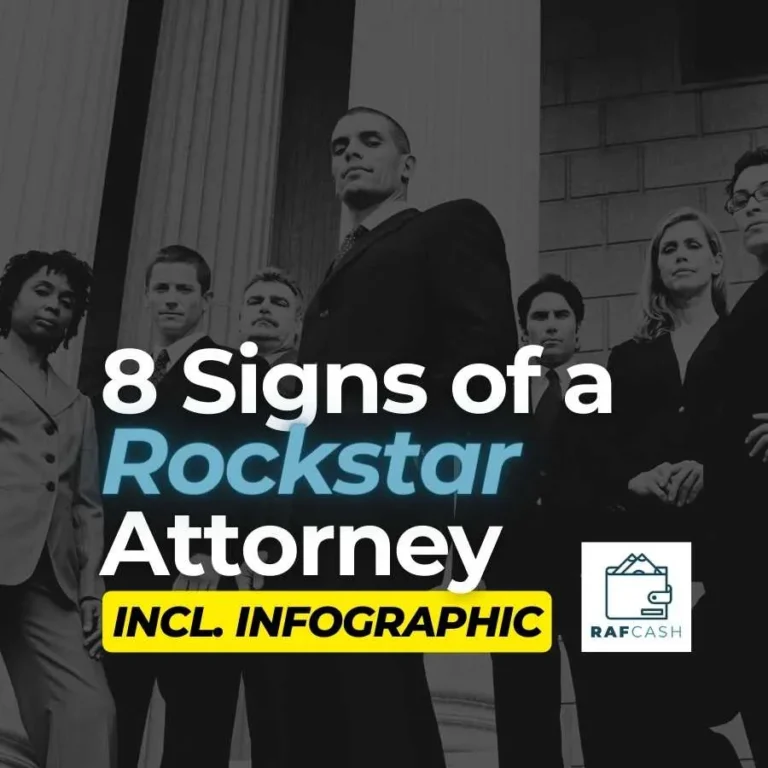 A diverse group of confident attorneys stand in front of a courthouse, with text overlay reading "8 Signs of a Rockstar Attorney (Incl. Infographic)