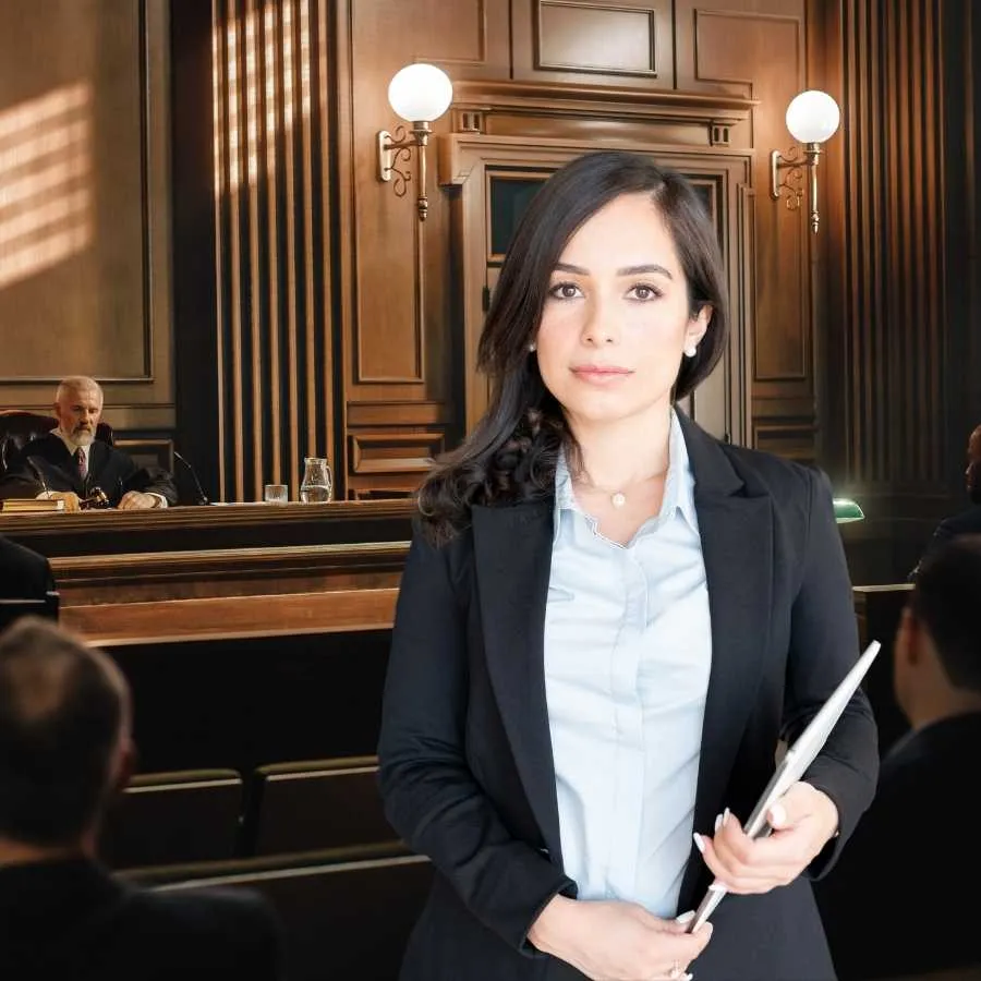 A focused female attorney stands at the forefront in a courtroom, ready for trial.