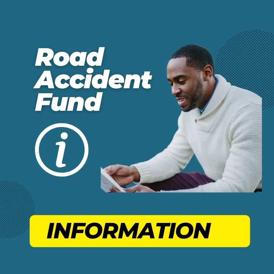 Man in white sweater reading material with 'Road Accident Fund Information' and info icon on teal background.