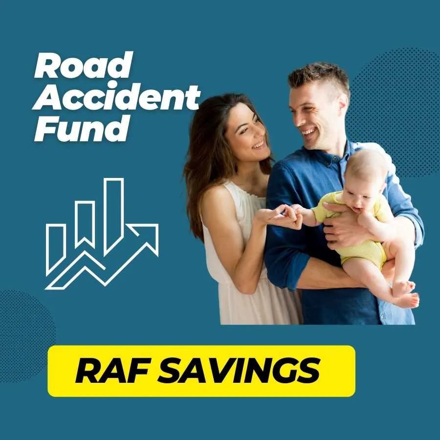 Happy family with baby smiling, with 'Road Accident Fund' and descending graph icon representing 'RAF Savings'.