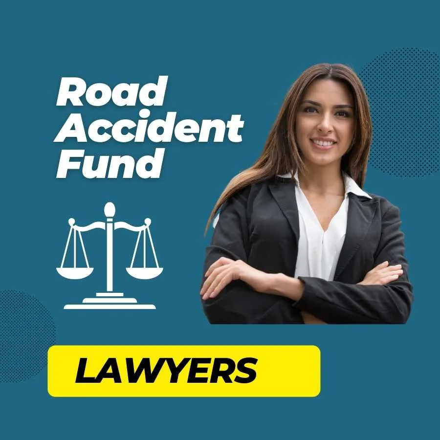 Confident female lawyer with crossed arms in front of 'Road Accident Fund Lawyers' text and balance scale icon.