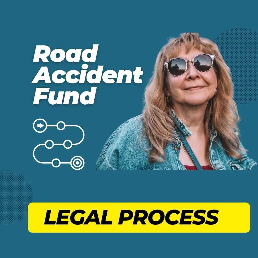 Confident woman with sunglasses against a teal background with 'Road Accident Fund Legal Process' and flowchart icons.