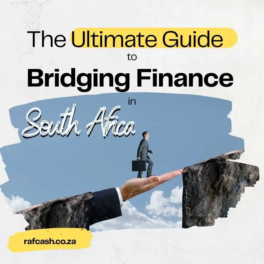 Illustration of a man walking towards a hand-drawn bridge over a chasm, representing bridging finance solutions in South Africa.