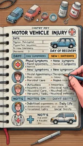 Hand drawing a diary entry page for a Motor Vehicle Injury Personal Diary, featuring sections for physical symptoms, emotional state, medical appointments, medications, activities, and impact on daily life.
