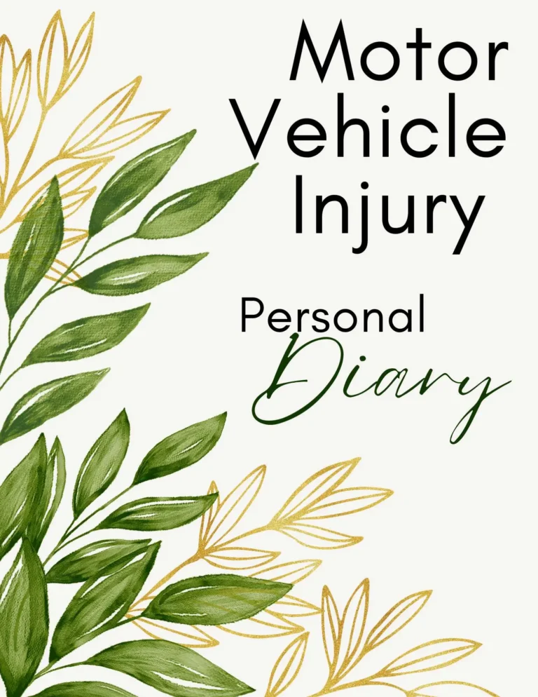 Cover of Motor Vehicle Injury Personal Diary with green and gold leaf design.