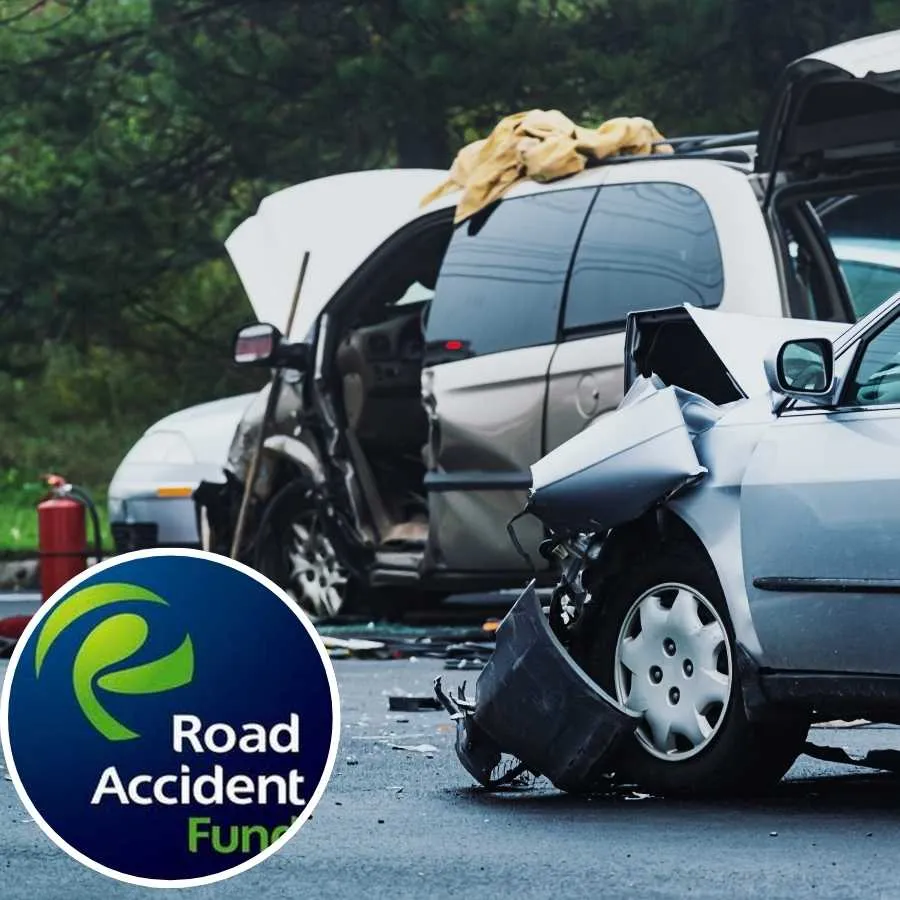 Two-car collision scene with Road Accident Fund logo