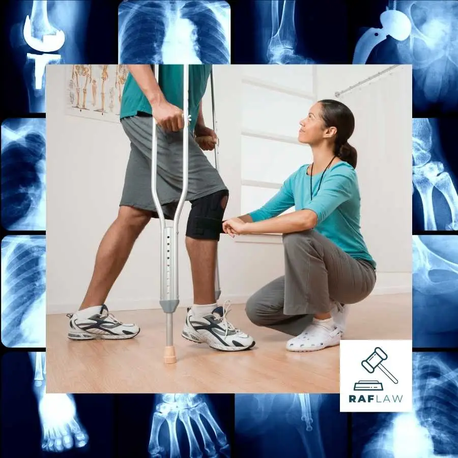 A patient undergoing rehabilitation with the assistance of a healthcare professional, surrounded by X-ray images.