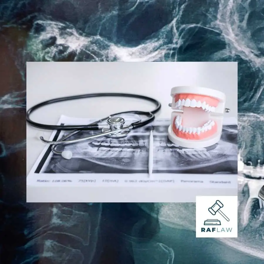 Dental X-rays, a model of teeth, and a stethoscope on a table, representing dental medical examination.