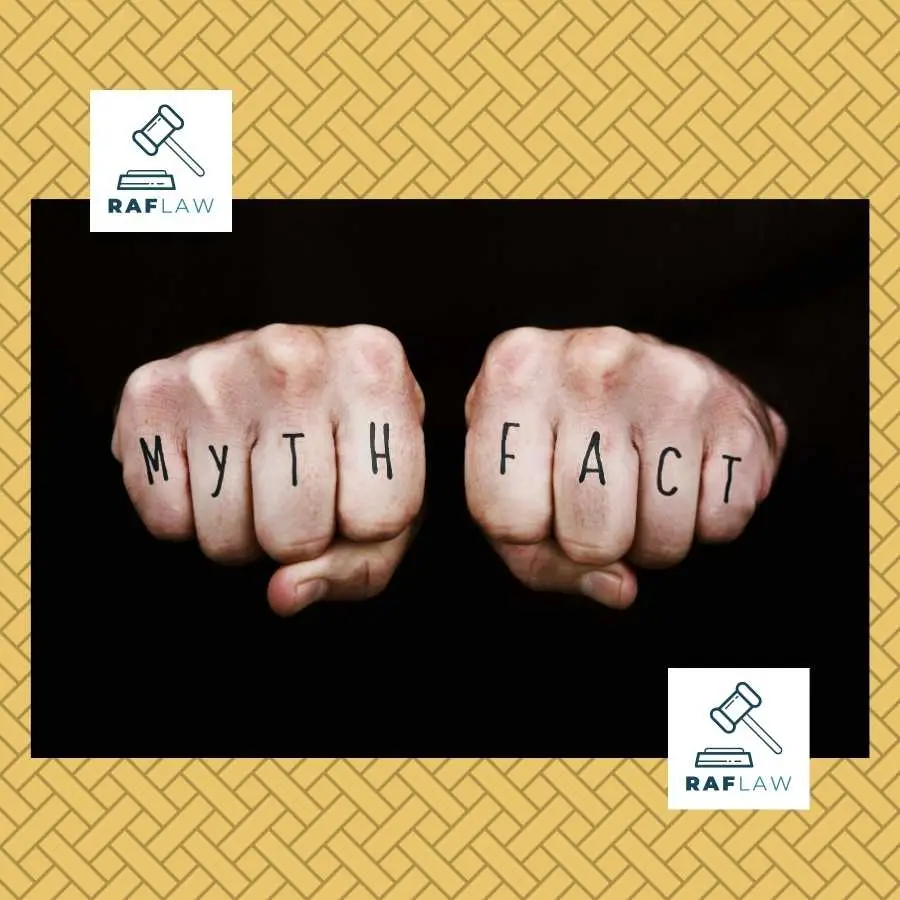 Fists with 'MYTH' and 'FACT' written across knuckles, symbolizing the debunking of misconceptions with RAFLAW logo.