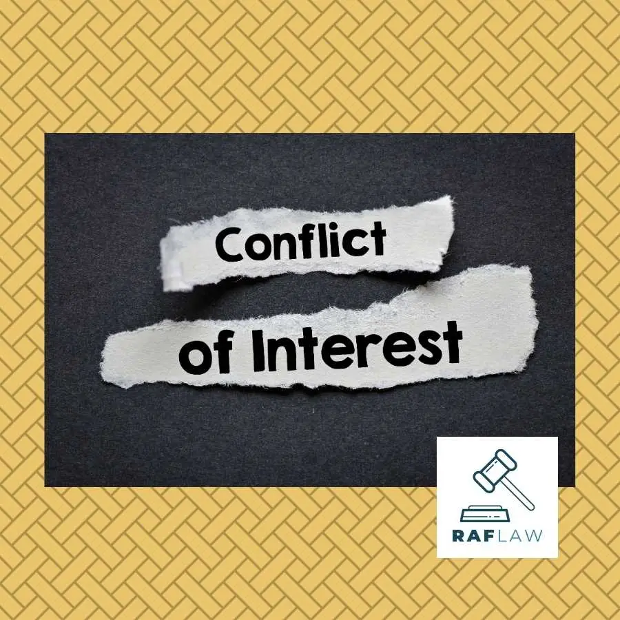 Torn paper revealing the words 'Conflict of Interest' with the RAF LAW logo on a patterned background.