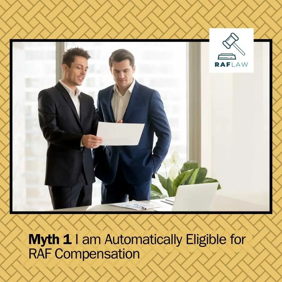 Two professionals discussing documents, illustrating the evaluation of RAF compensation eligibility with RAFLAW logo.