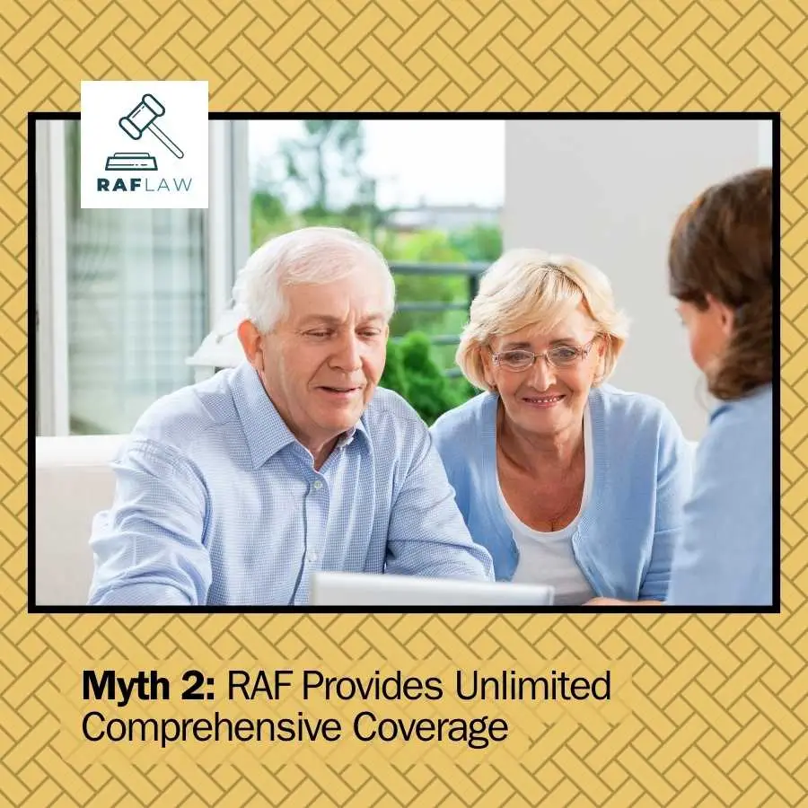 Elderly couple consulting with a professional about RAF coverage, with RAFLAW logo and 'Myth 2' text.