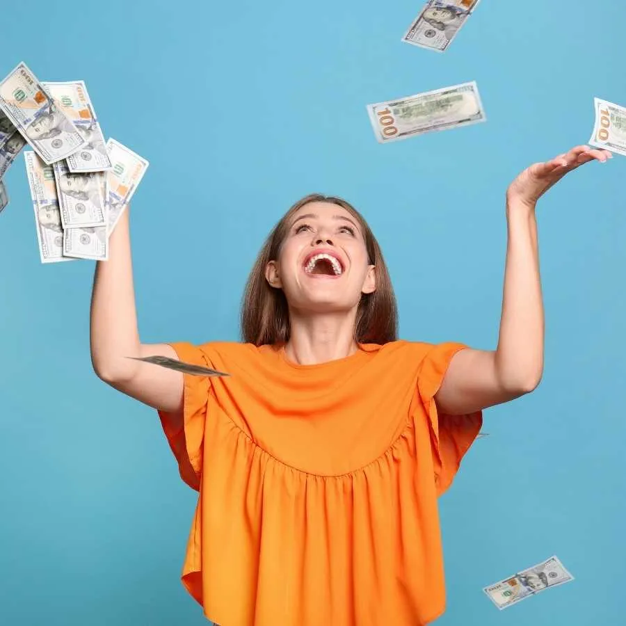 Woman Overjoyed by Falling Money