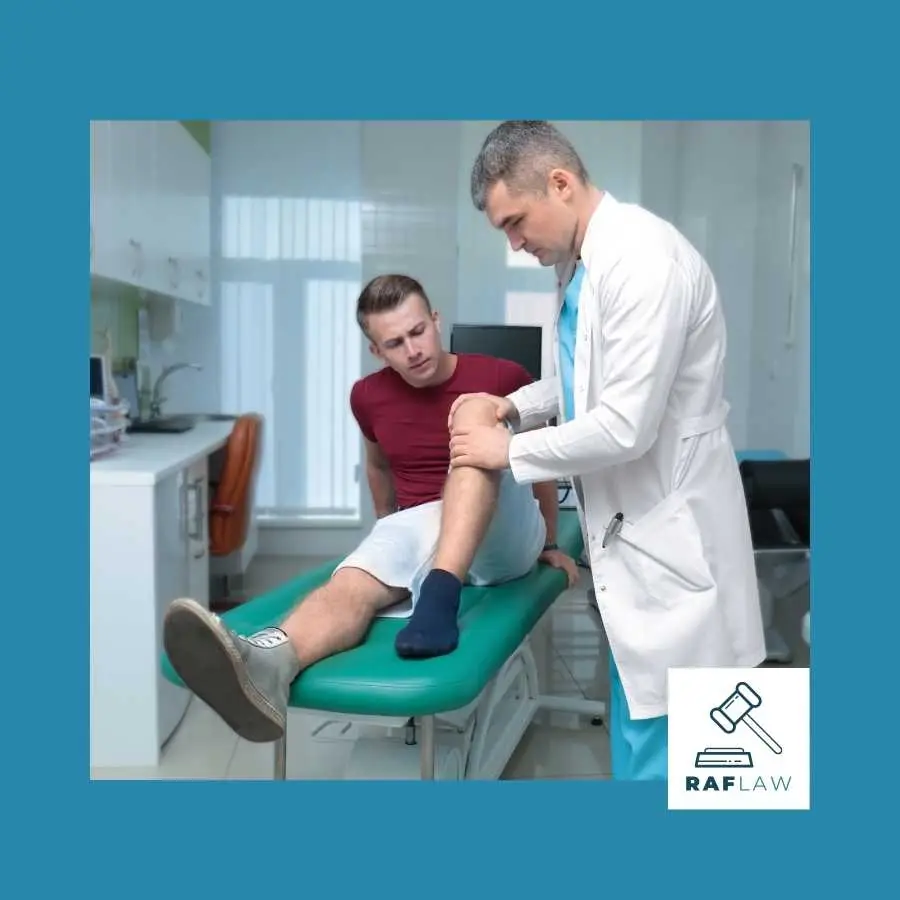 Orthopedic surgeon examining a patient's injured knee in a clinic.