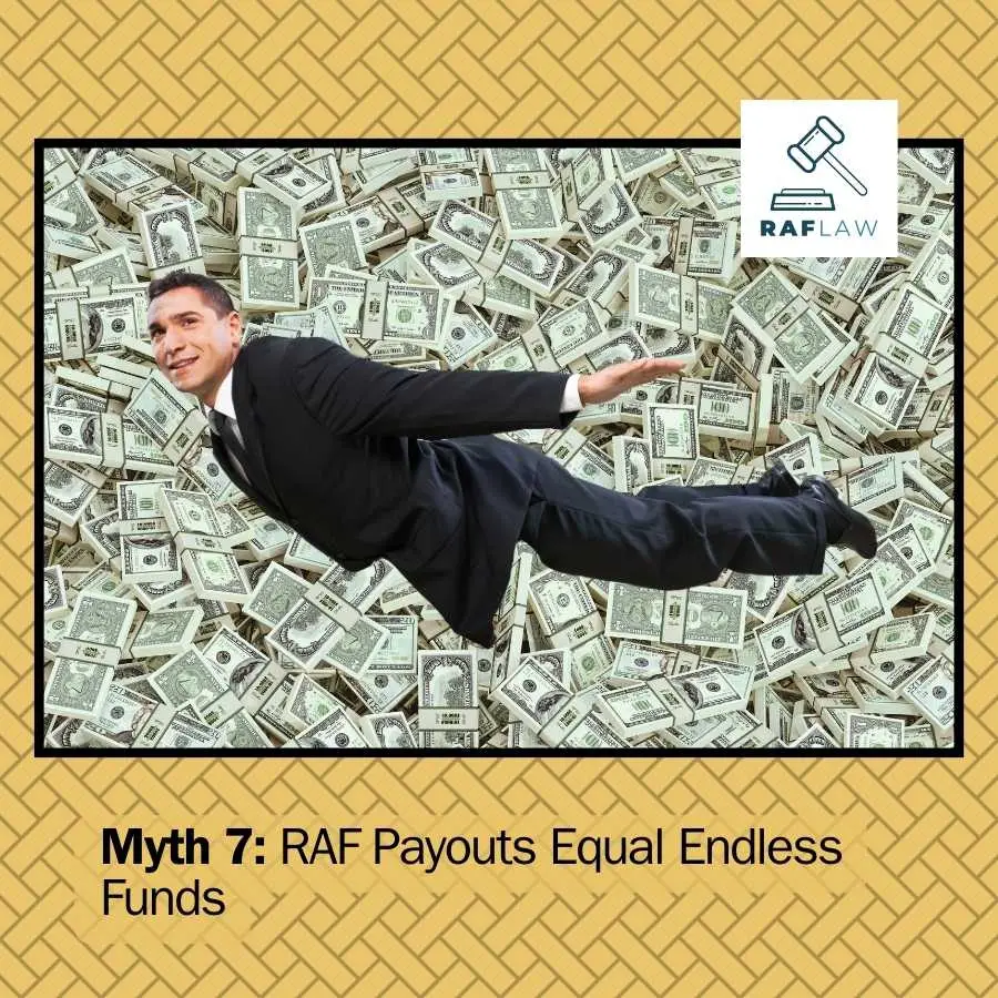 Man in a suit joyfully swimming in a sea of money, illustrating the misconception of endless RAF payouts.