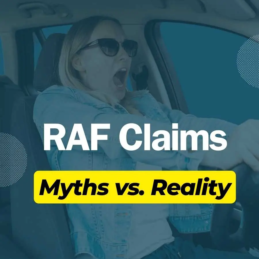 Driver expressing shock in a car with bold text 'RAF Claims: Myths vs. Reality' and RAFLAW logo.