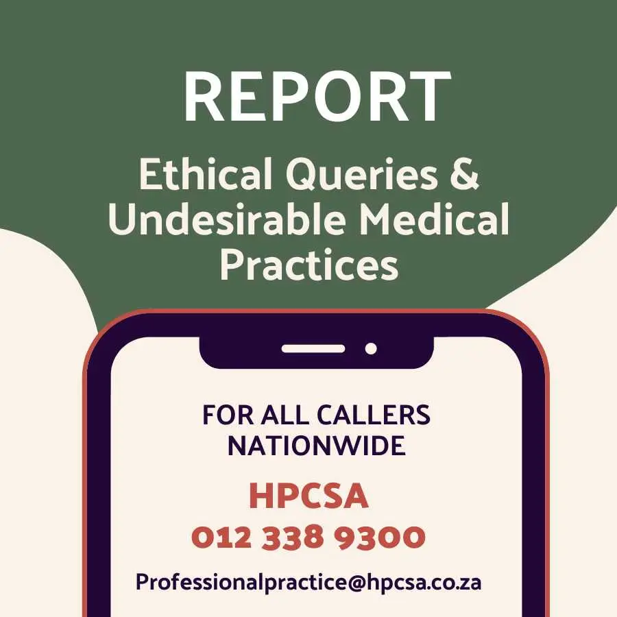 Advertisement for reporting unethical medical practices to the HPCSA.