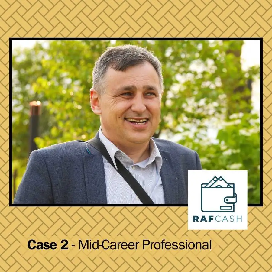 Smiling mid-career professional man outdoors, with the RAFCASH logo and text 'Case 2 - Mid-Career Professional' displayed on the image.