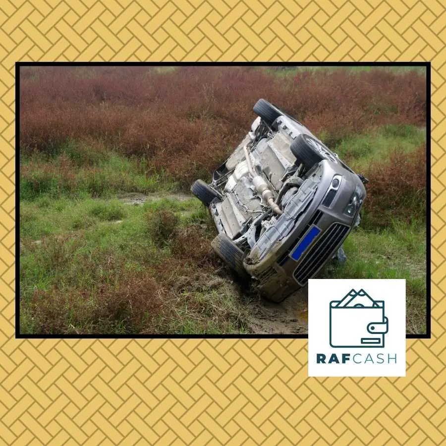 Overturned car in a field, indicating a road accident, with the RAF CASH logo in the corner.
