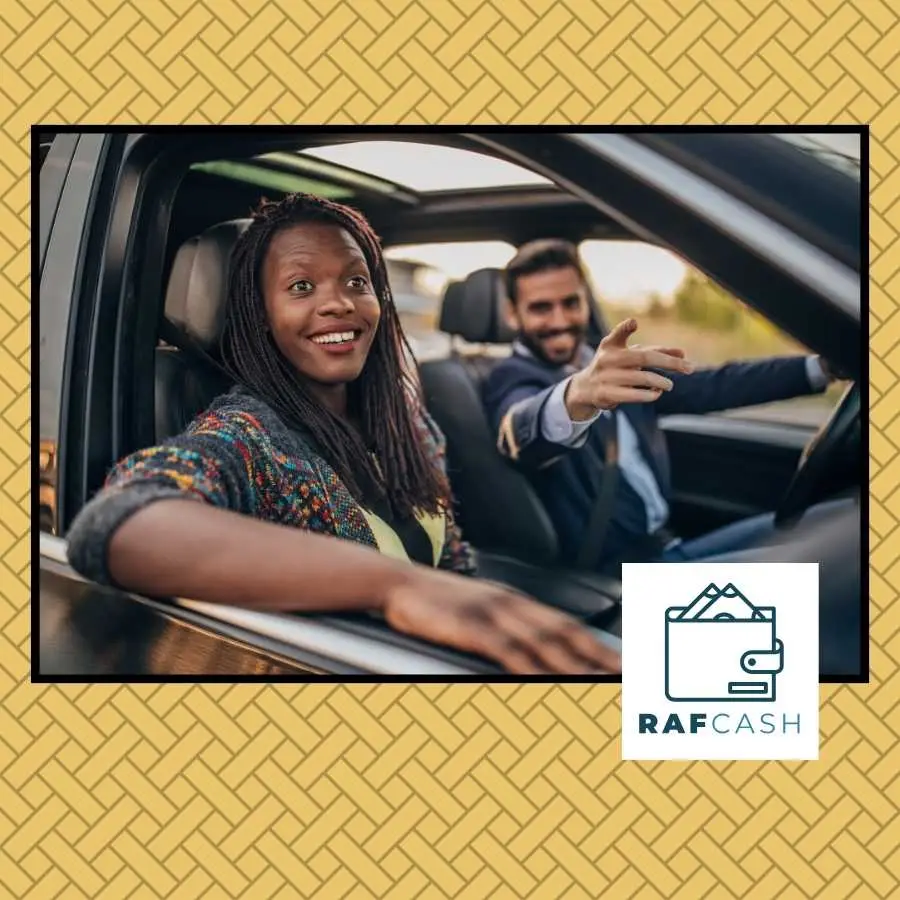 Happy woman and man enjoying a car ride together, with the woman in the passenger seat looking at the camera and the RAFCASH logo in the corner.