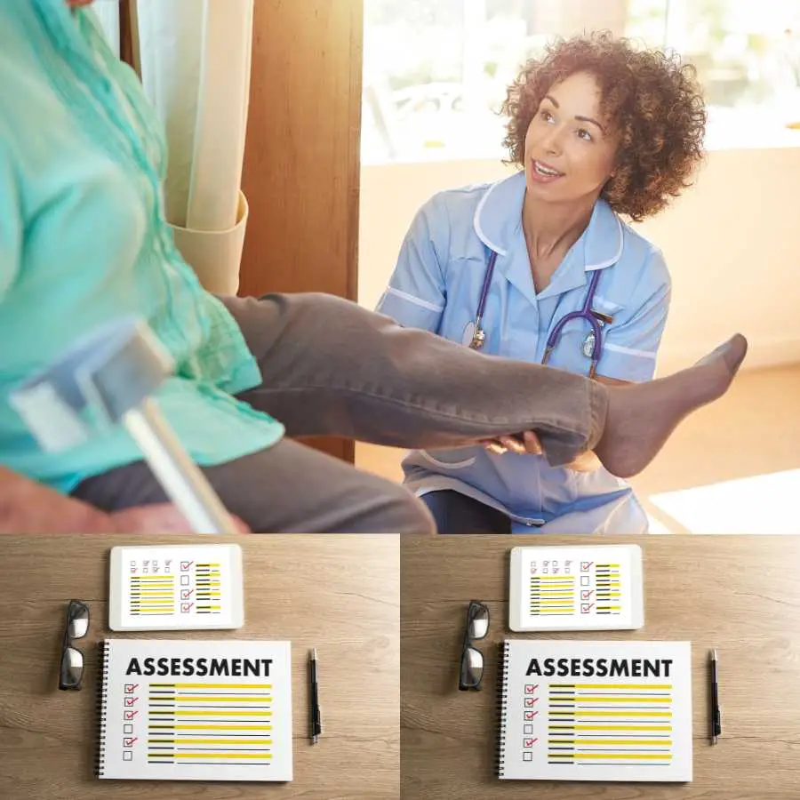 Nurse assessing patient's leg and assessment tools on a table