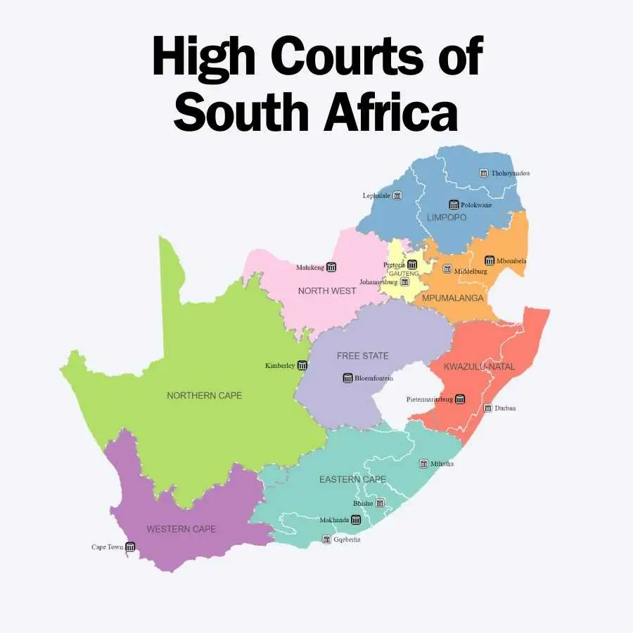 Colorful map of South Africa highlighting the locations of High Courts across the country, integral to the judicial process in RAF litigation.