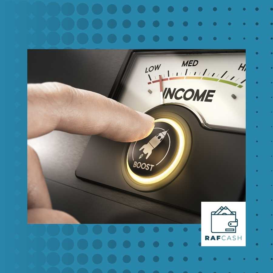Finger pressing a 'boost' button on a fuel gauge with 'income' levels, symbolizing financial growth strategies.