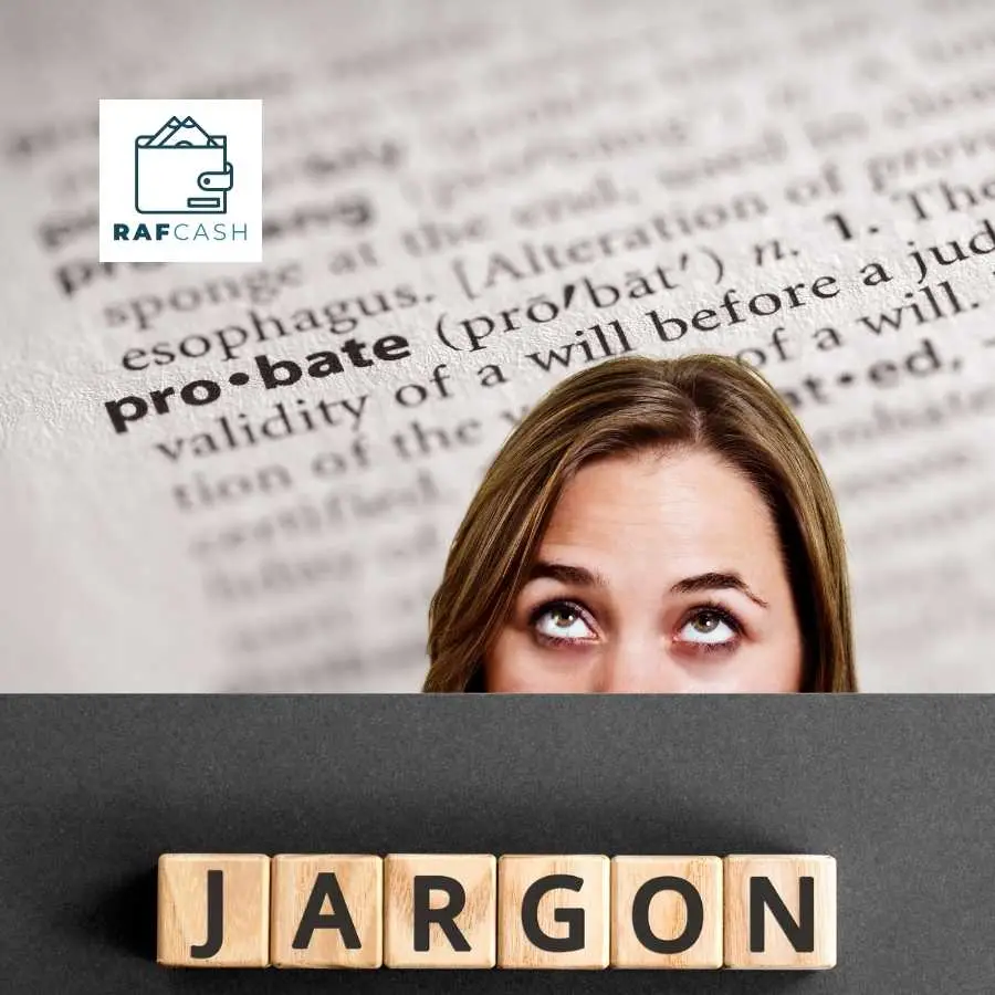 Woman looking up at legal terminology with 'JARGON' blocks in the foreground, symbolizing clarity in RAF processes.