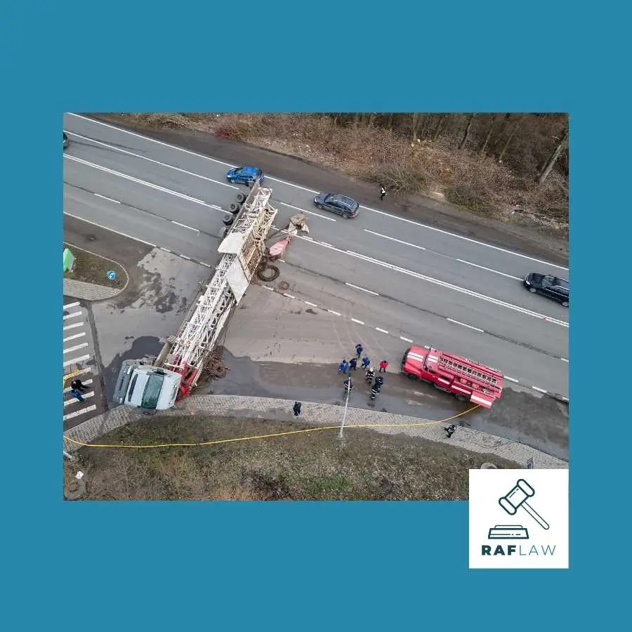 Aerial view of a major road accident with emergency response teams on site, showcasing the potential for serious leg injuries.