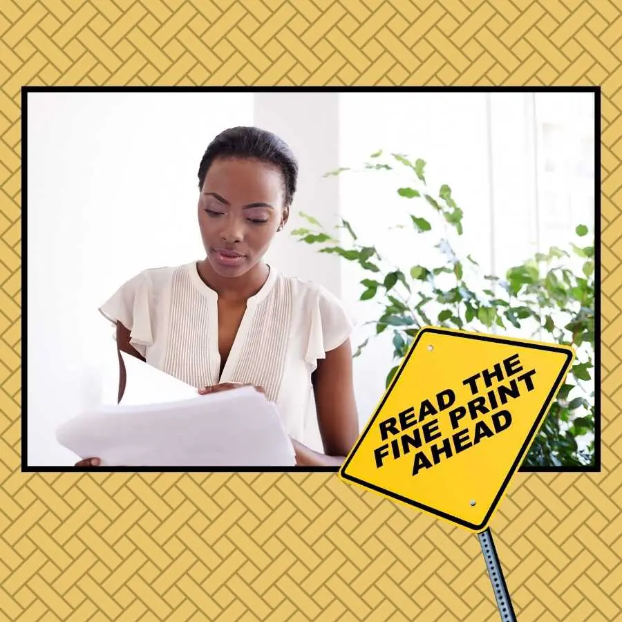 Woman Carefully Reviewing Documents With A "Read The Fine Print Ahead" Sign, Emphasizing The Importance Of Understanding Loan Terms