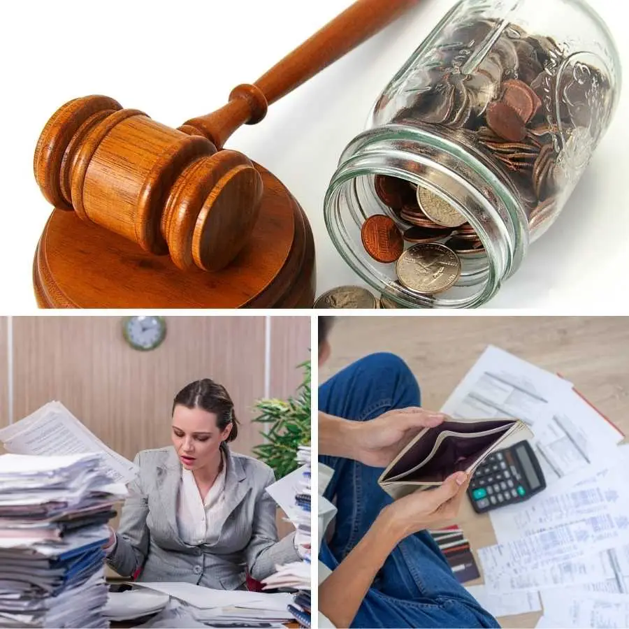 A collage featuring a judge's gavel, a jar of coins, a person overwhelmed by paperwork, and another examining an empty wallet, illustrating different aspects of financial planning and legal challenges in RAF litigation.