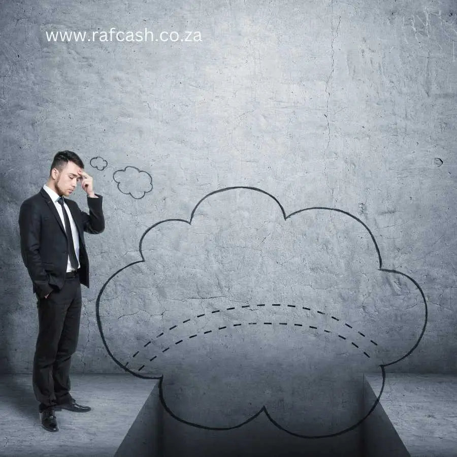 Businessman contemplating a drawn thought cloud, symbolizing strategic planning with RAF Cash advances