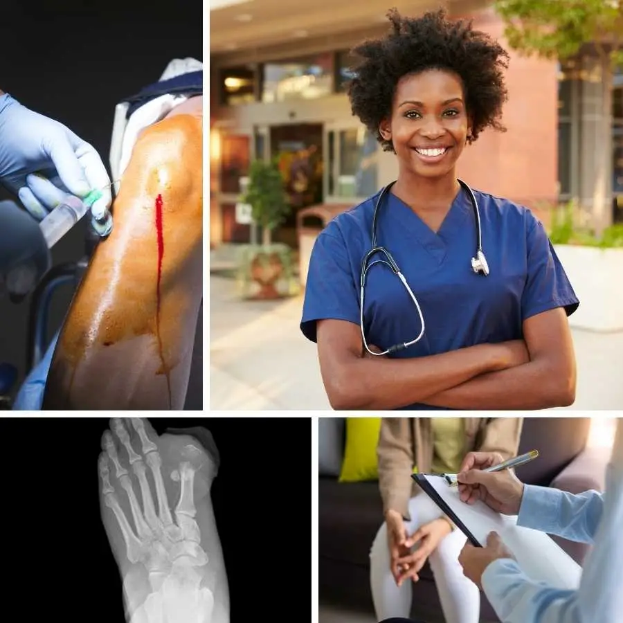 Collage of leg injury treatments and healthcare professional, highlighting aspects of RAF Law claims.