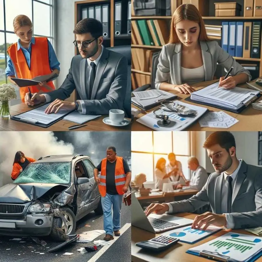 Collage of images depicting different stages of a road accident claim, from on-site investigation to financial analysis.