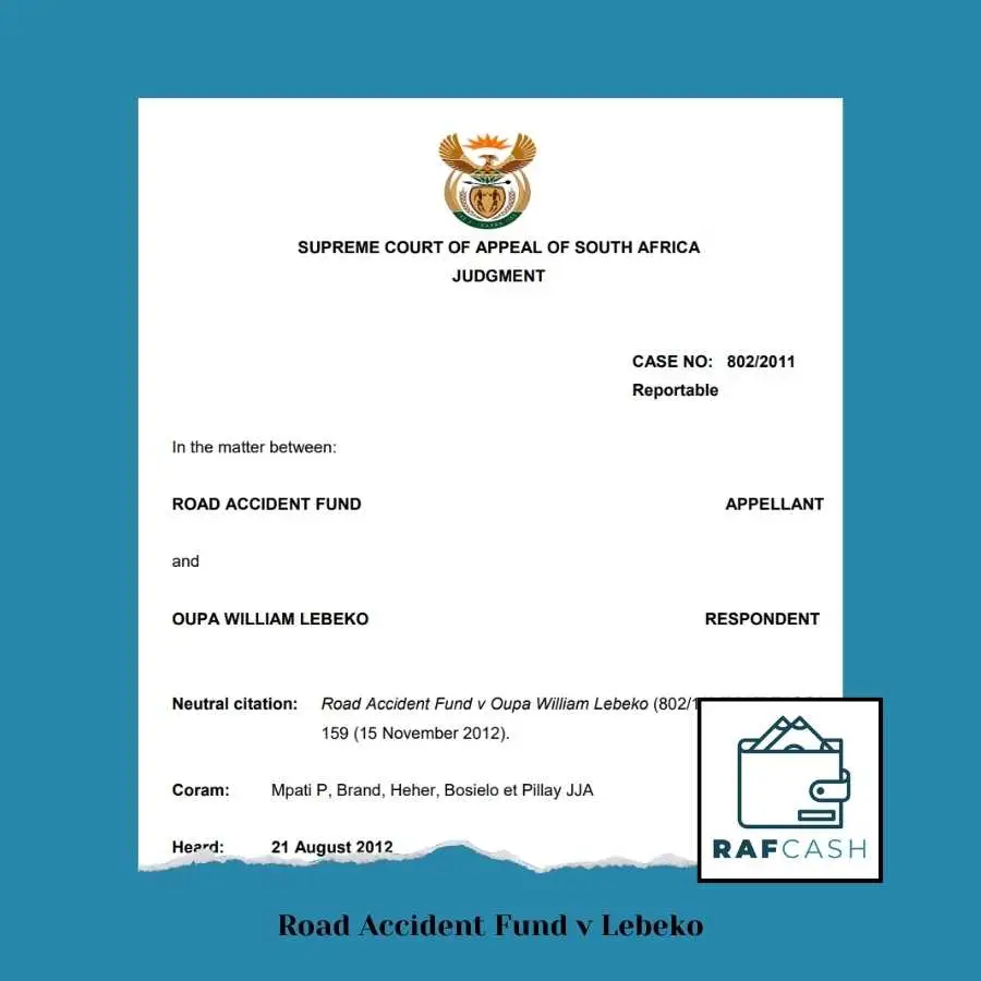 Cover page of the Supreme Court of Appeal of South Africa's judgment on the case Road Accident Fund v Oupa William Lebeko