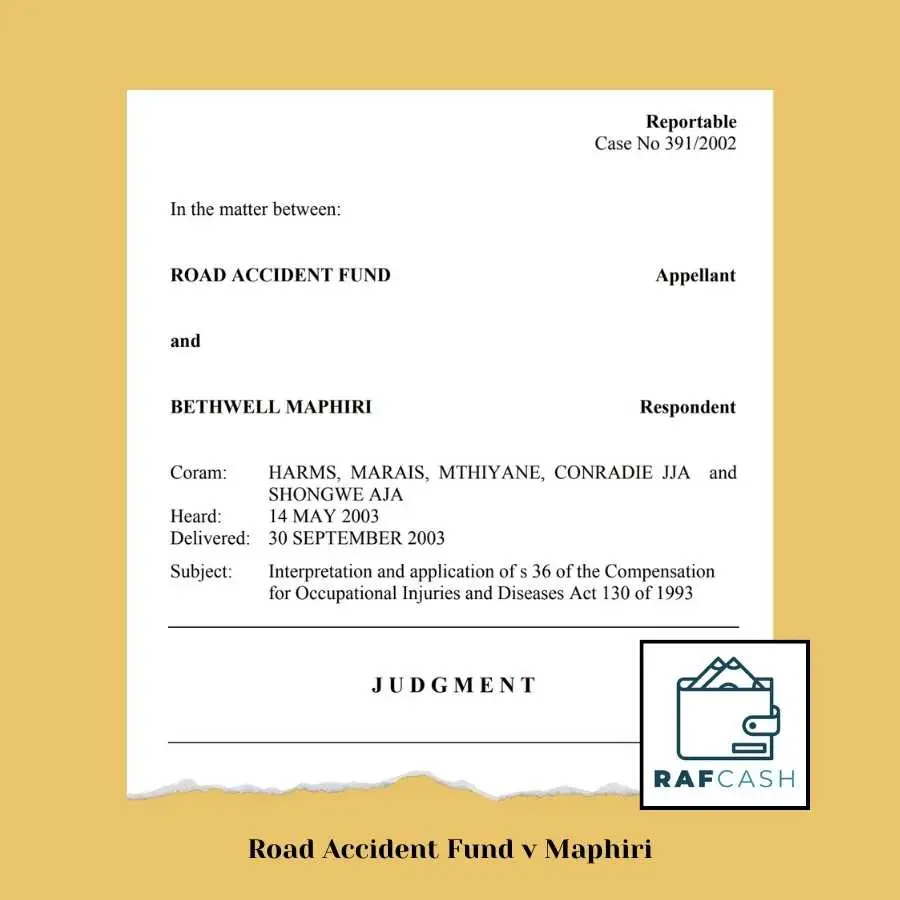 First page of the legal judgment in the case Road Accident Fund v Maphiri Title: Legal Judgment: Road Accident Fund v Bethwell Maphiri