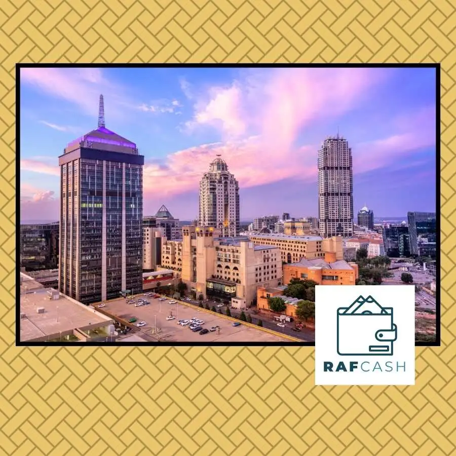 Vibrant Sunset Over Sandton Skyline with RAF Cash Logo Signifying Financial Support in South Africa's Prosperous Business Hub