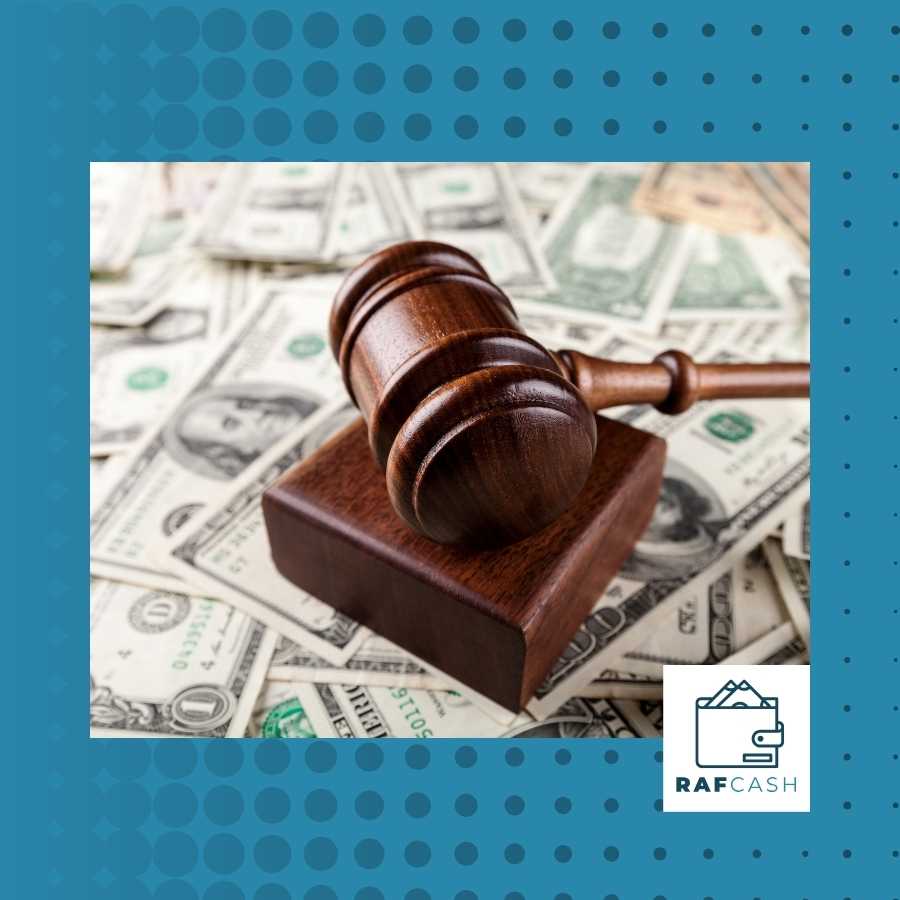 Gavel on money symbolizing the intersection of legal services and financial solutions like RAF Cash.