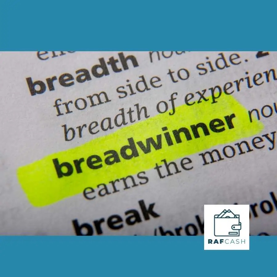 Close-up of a dictionary entry for "breadwinner" highlighted in yellow, with the RAF CASH logo, symbolizing the focus on financial support in loss of support claims.