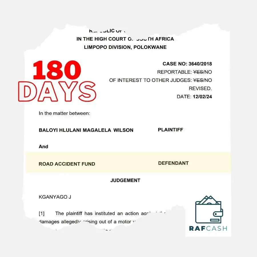 Document Highlighting 180 Days Wait for Road Accident Fund Settlement