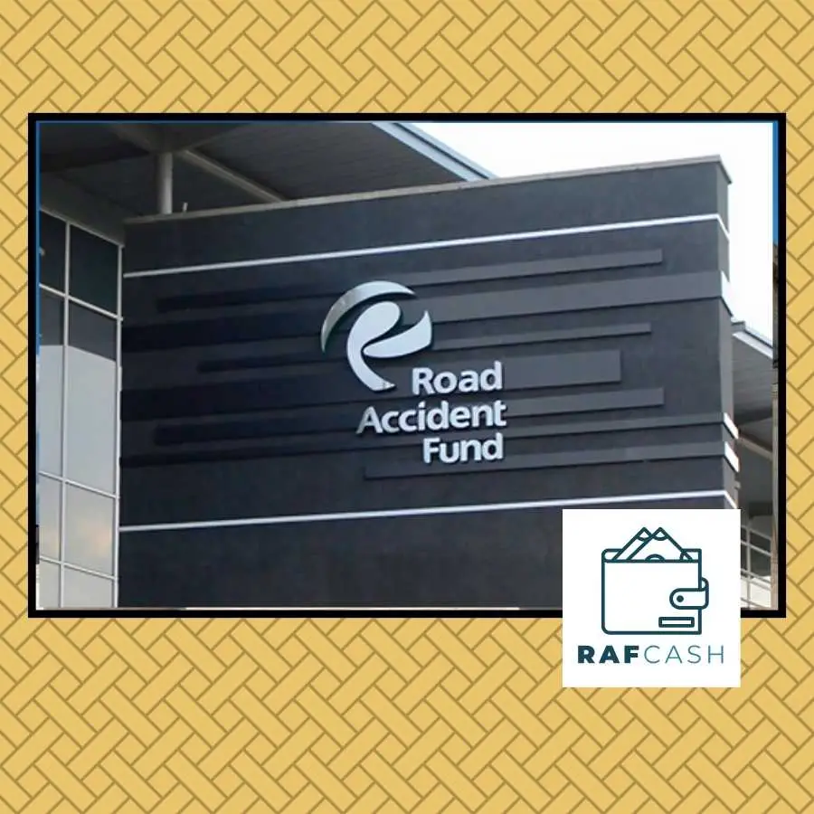 Image of the Road Accident Fund signage on a building facade, indicating the official location for RAF claims in South Africa, with RAFcash logo for financial guidance.