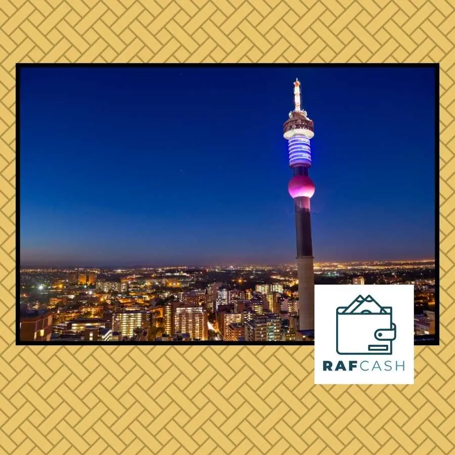 Hillbrow Tower Illuminated at Night Over Johannesburg Skyline, Symbolizing Urban Vigor and RAF Cash's Financial Solutions