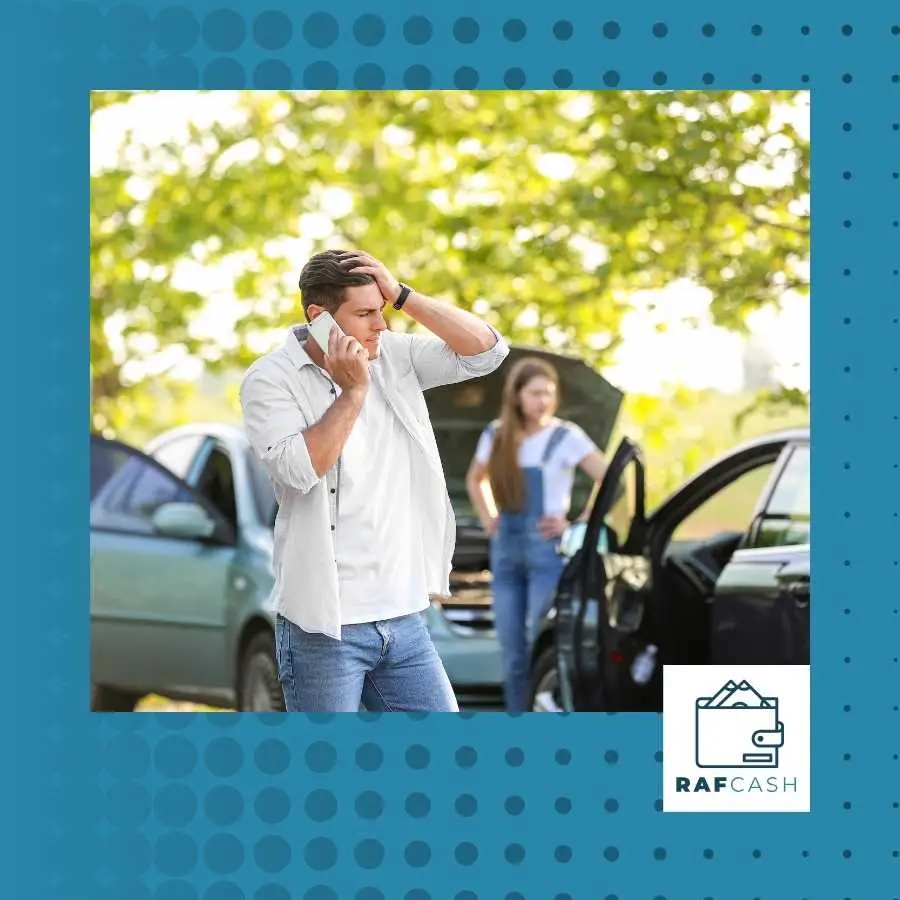 Man on phone appearing stressed after a car accident with a woman witness standing by the car in the background, representing a situation where RAF support may be needed.