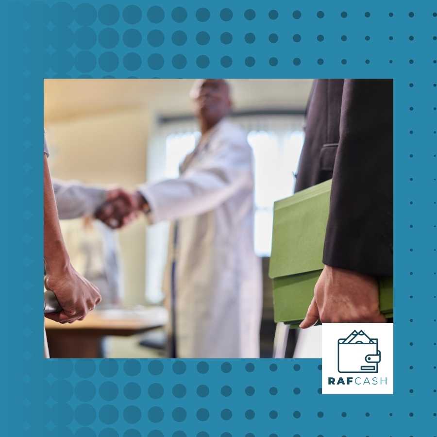 Handshake between a medical professional and a legal representative, signifying partnership and agreement.