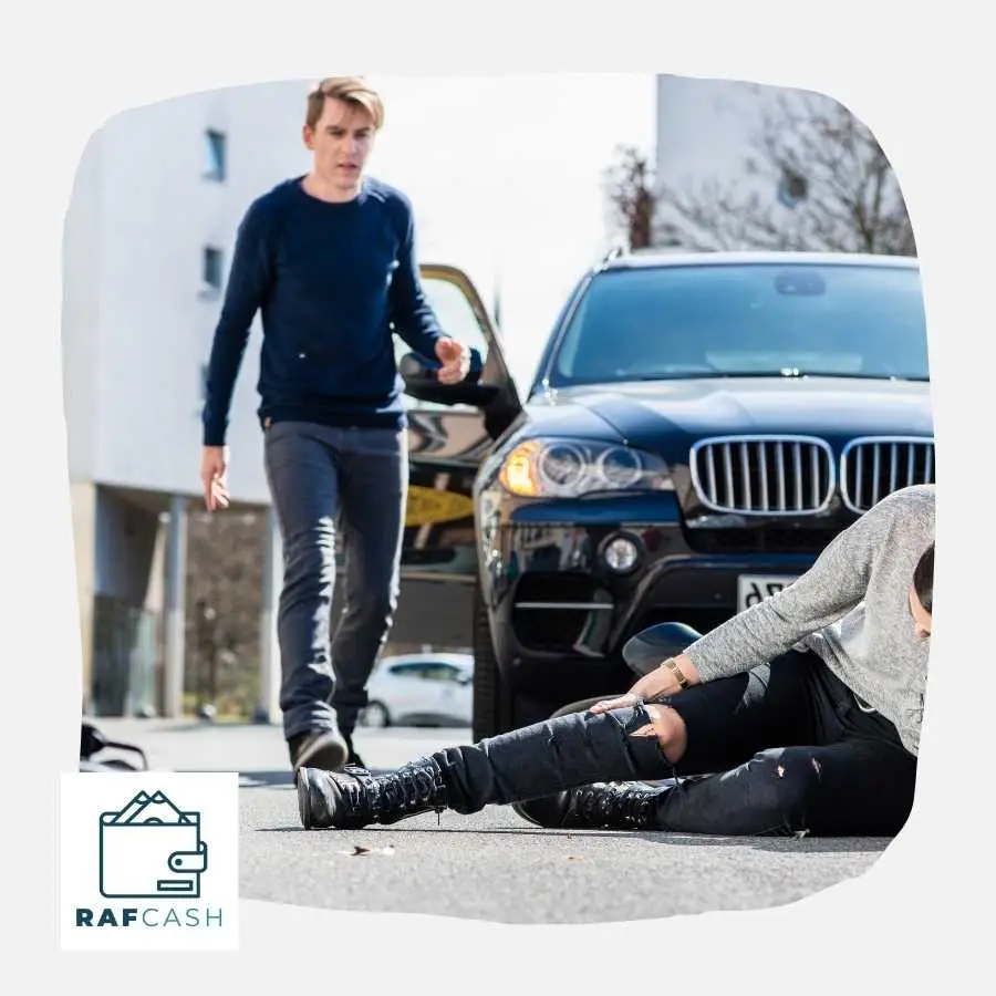 Pedestrian and driver after a road accident, illustrating the need for RAF financial support