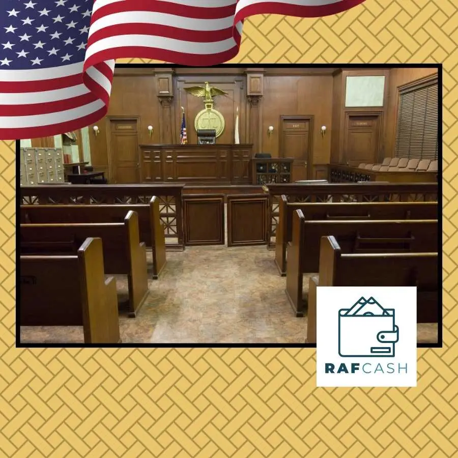 American courtroom interior with the United States flag, symbolizing the judicial setting for litigation.
