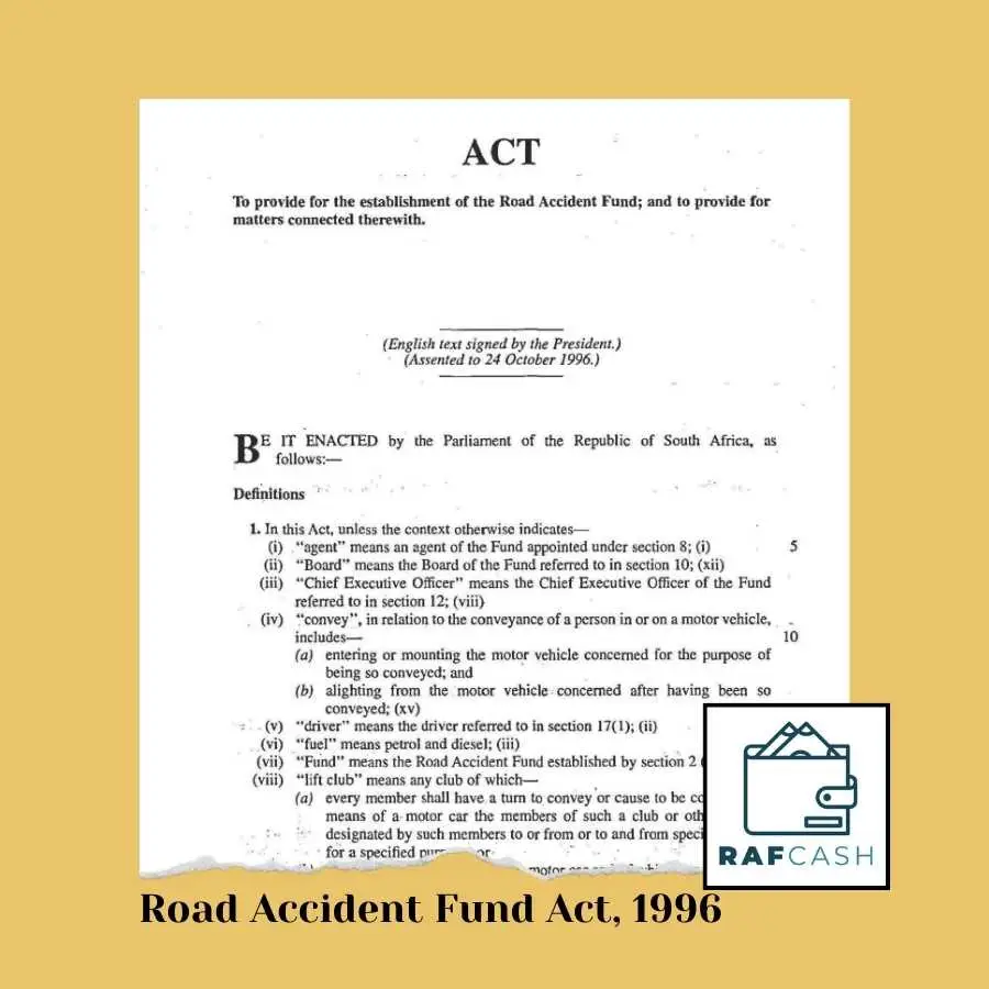 Image of the first page of the Road Accident Fund Act, 1996, detailing the act's definitions