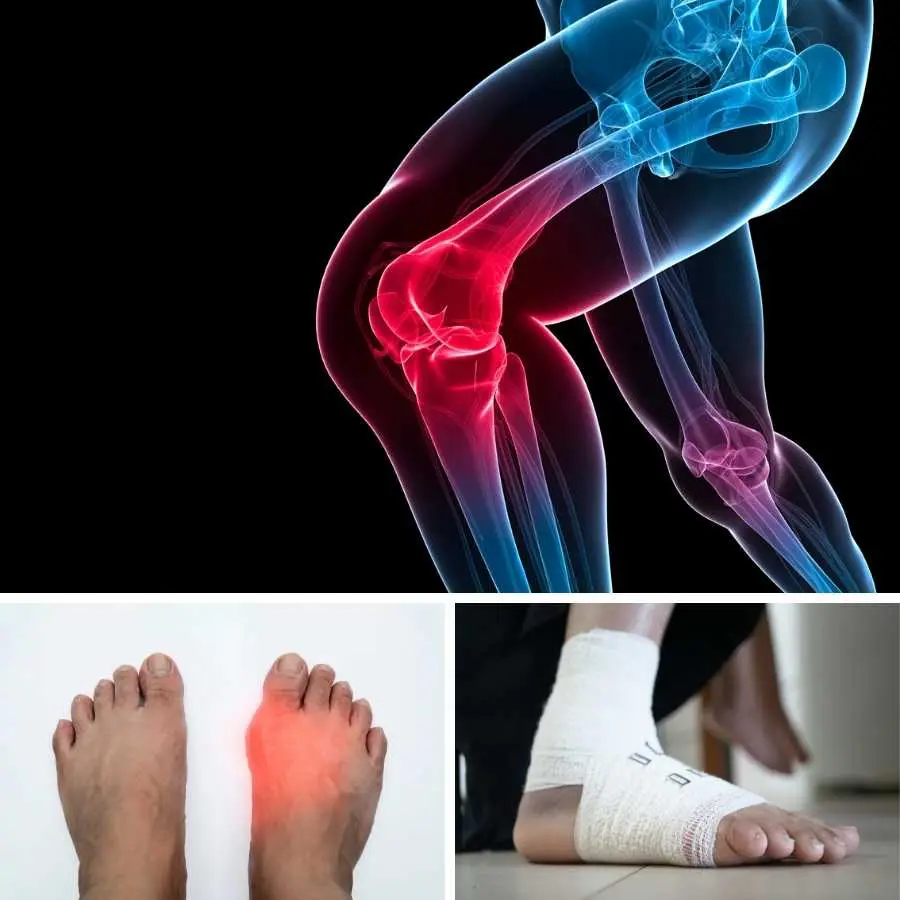Digital Illustration of Knee Pain and Real Images of Foot Injuries and Bandaging Techniques